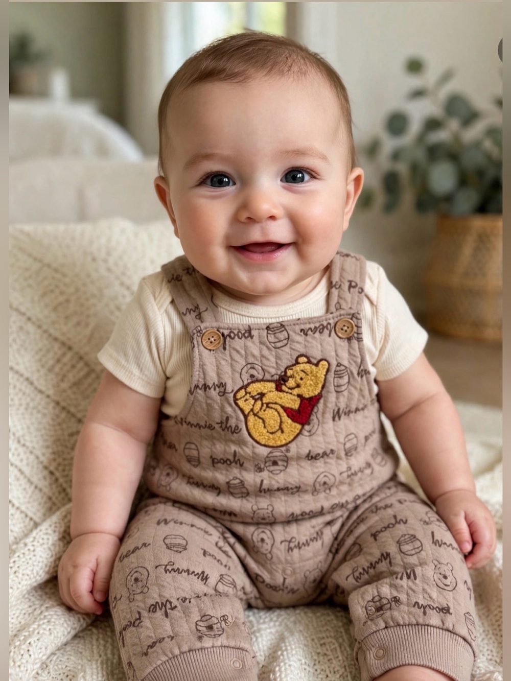 Disney Beige Winnie the Pooh Embroidered Overalls